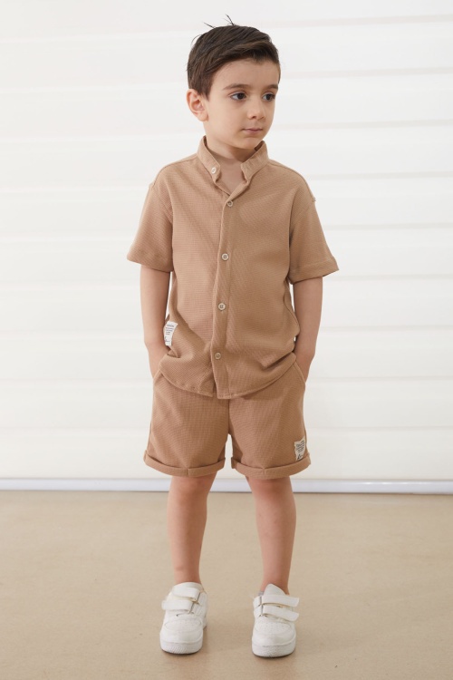 Bej Hakim Yaka Gömlekli Erkek Çocuk Basic Şortlu Takım 18896