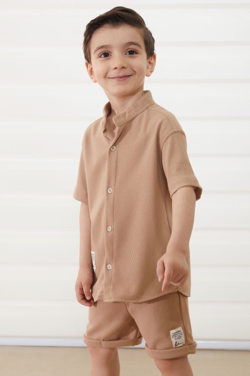 Bej Hakim Yaka Gömlekli Erkek Çocuk Basic Şortlu Takım 18896