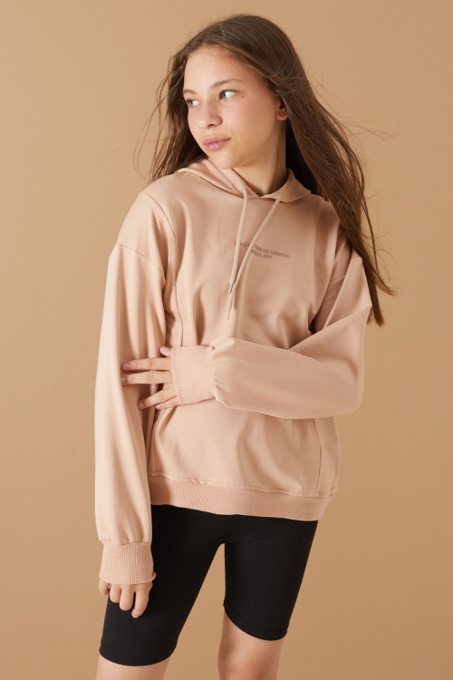 Bej Kabartmalı Yazılı Kapüşonlu Kız Çocuk Sweatshirt 19302