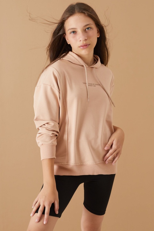 Bej Kabartmalı Yazılı Kapüşonlu Kız Çocuk Sweatshirt 19302