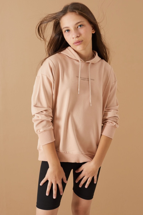 Bej Kabartmalı Yazılı Kapüşonlu Kız Çocuk Sweatshirt 19302