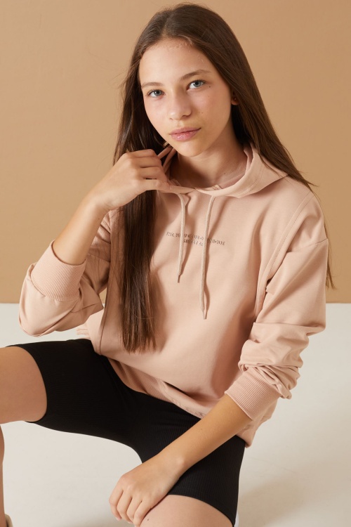 Bej Kabartmalı Yazılı Kapüşonlu Kız Çocuk Sweatshirt 19302