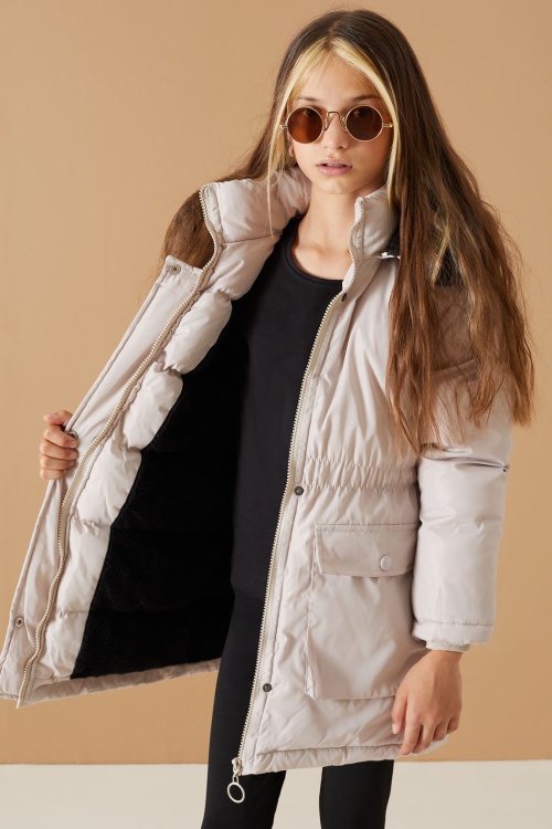 Bej Kapaklı Cepli Kız Çocuk Kapüşonlu Mont 19062