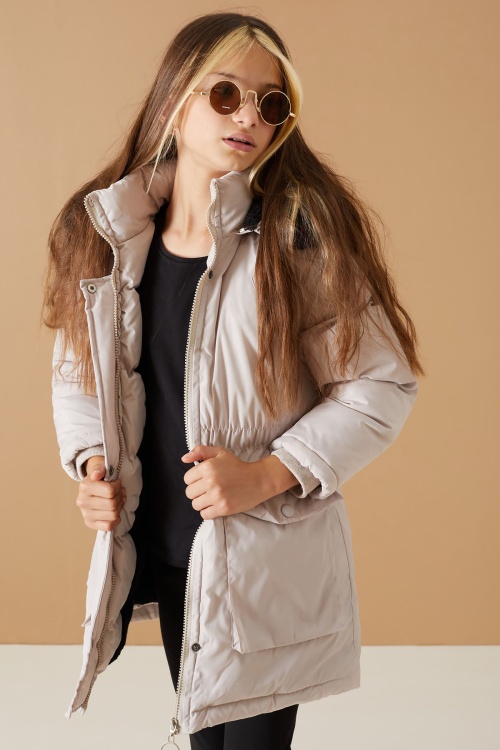 Bej Kapaklı Cepli Kız Çocuk Kapüşonlu Mont 19062