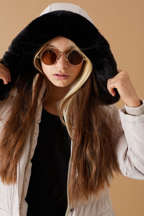 Bej Kapaklı Cepli Kız Çocuk Kapüşonlu Mont 19062