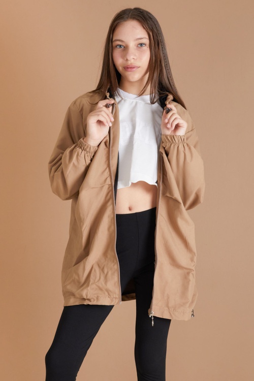 Bej Kapüşonlu Fermuarlı Kız Çocuk Paraşüt Hırka 18498