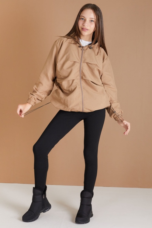 Bej Kapüşonlu Fermuarlı Kız Çocuk Paraşüt Hırka 18498