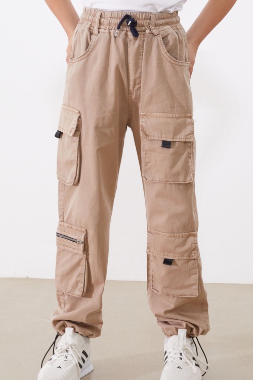 Bej Kargo Cepli Paçası Lastikli Erkek Çocuk Jean Pantolon 18537