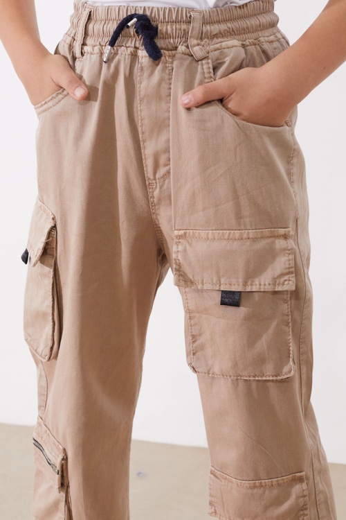 Bej Kargo Cepli Paçası Lastikli Erkek Çocuk Jean Pantolon 18537