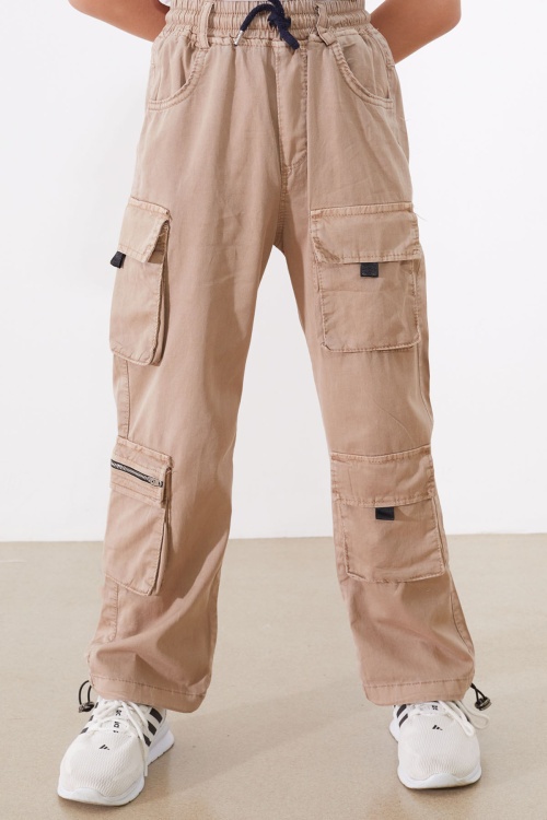 Bej Kargo Cepli Paçası Lastikli Erkek Çocuk Jean Pantolon 18537