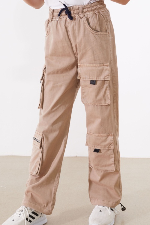 Bej Kargo Cepli Paçası Lastikli Erkek Çocuk Jean Pantolon 18537