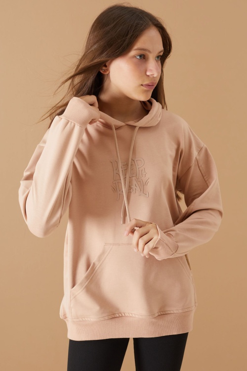 Bej Keep Read Baskılı Kız Çocuk Kapüşonlu Sweatshirt 19356