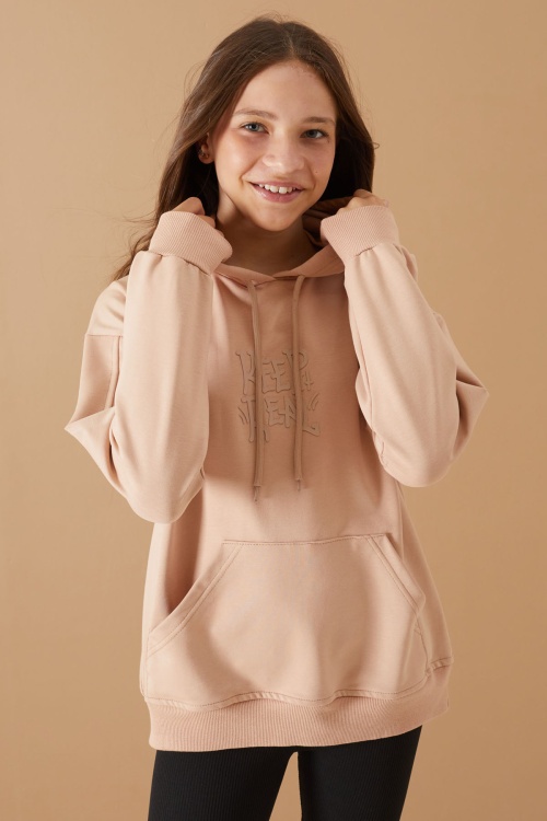 Bej Keep Read Baskılı Kız Çocuk Kapüşonlu Sweatshirt 19356