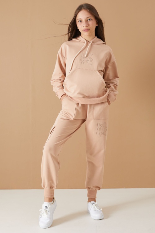 Bej Keep Read Yazılı Kız Çocuk Kapüşonlu Takım 19312