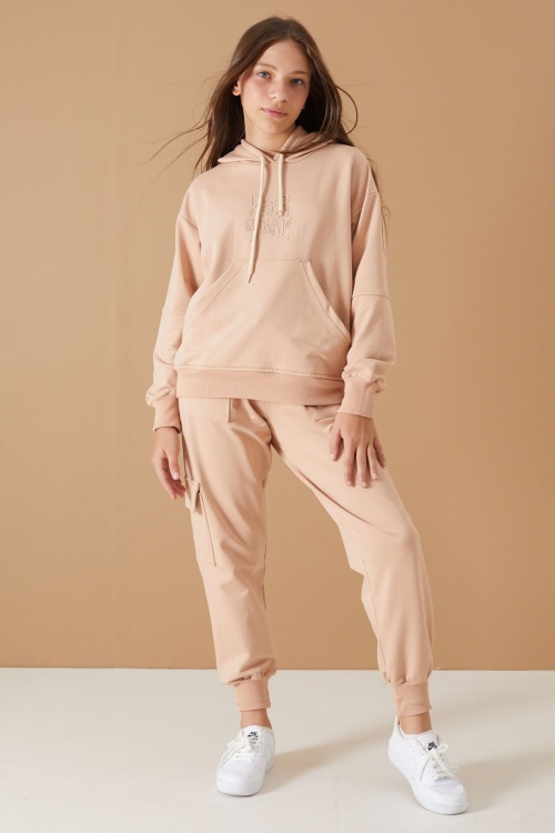 Bej Keep Read Yazılı Kız Çocuk Kapüşonlu Takım 19312