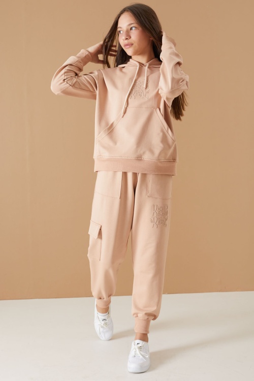Bej Keep Read Yazılı Kız Çocuk Kapüşonlu Takım 19312