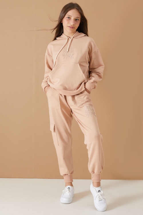 Bej Keep Read Yazılı Kız Çocuk Kapüşonlu Takım 19312