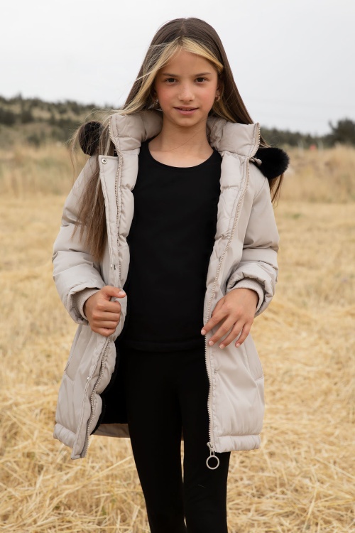 Bej Kürklü İçi Astarlı Çıkarılabilir Kapüşonlu Kız Çocuk Mont 19056
