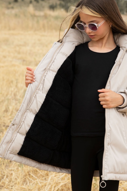 Bej Kürklü İçi Astarlı Çıkarılabilir Kapüşonlu Kız Çocuk Mont 19056