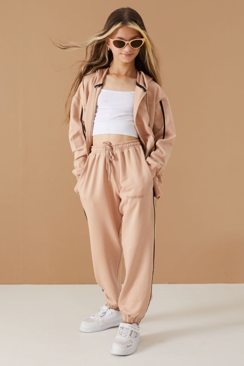 Bej Original Yazılı Hırkalı Kız Çocuk Eşofman Takımı 19488