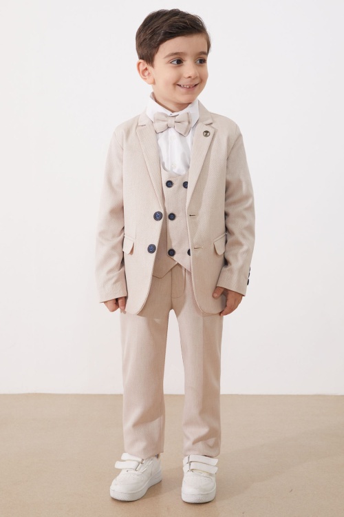 Bej Papyonlu Yelekli Erkek Çocuk Ceketli 4lü Takım Elbise 18962