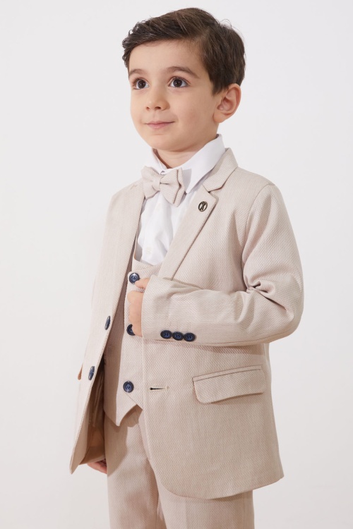 Bej Papyonlu Yelekli Erkek Çocuk Ceketli 4lü Takım Elbise 18962
