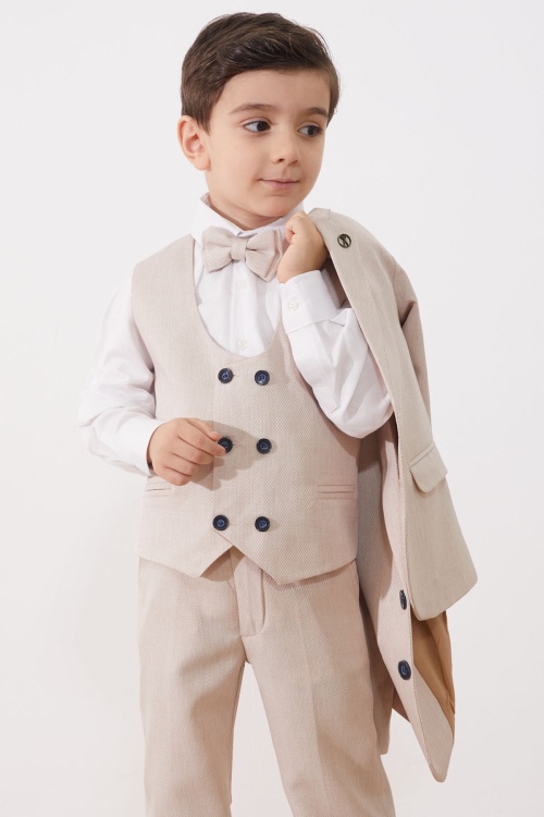 Bej Papyonlu Yelekli Erkek Çocuk Ceketli 4lü Takım Elbise 18962