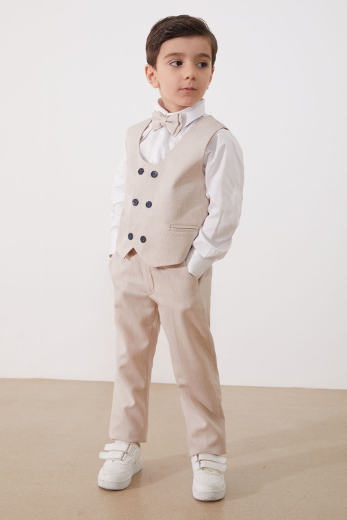 Bej Papyonlu Yelekli Erkek Çocuk Ceketli 4lü Takım Elbise 18962