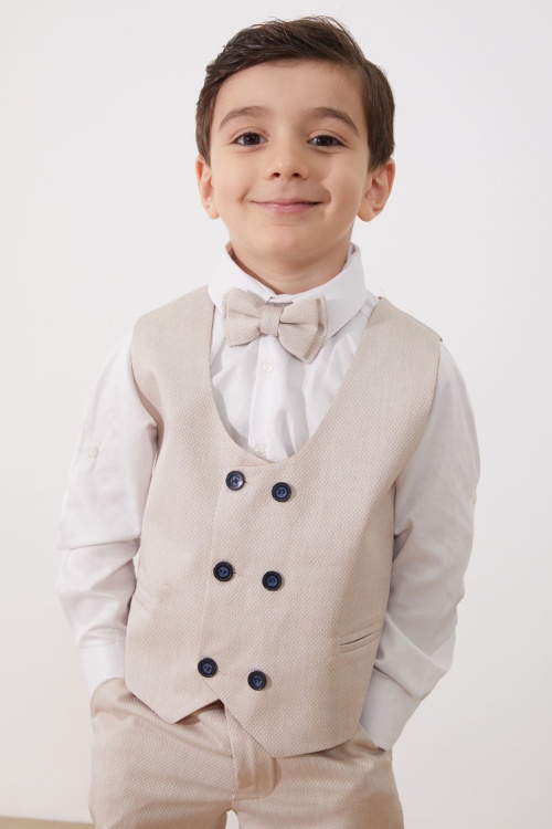 Bej Papyonlu Yelekli Erkek Çocuk Ceketli 4lü Takım Elbise 18962