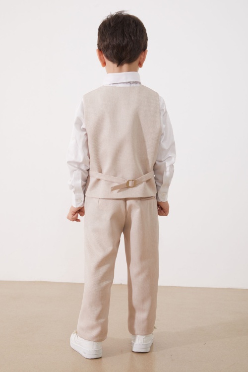 Bej Papyonlu Yelekli Erkek Çocuk Ceketli 4lü Takım Elbise 18962