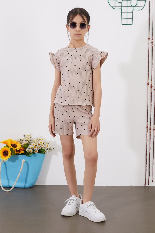 Bej Puantiyeli Şortlu Bluzlu Kız Çocuk Takım 18686