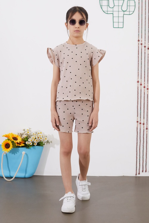 Bej Puantiyeli Şortlu Bluzlu Kız Çocuk Takım 18686