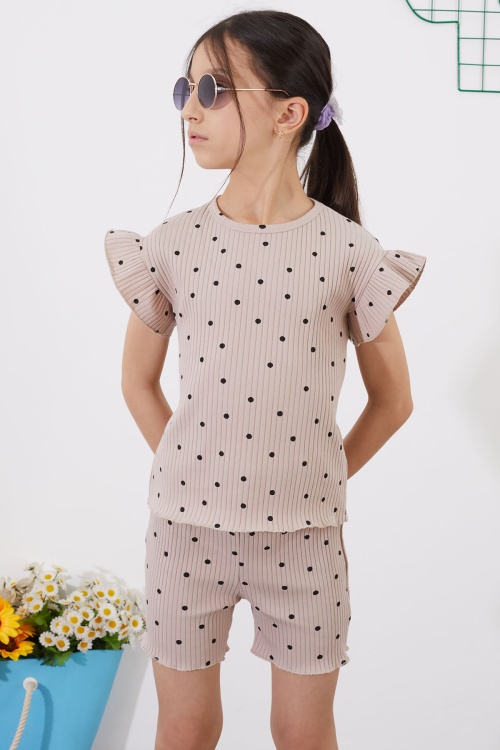 Bej Puantiyeli Şortlu Bluzlu Kız Çocuk Takım 18686