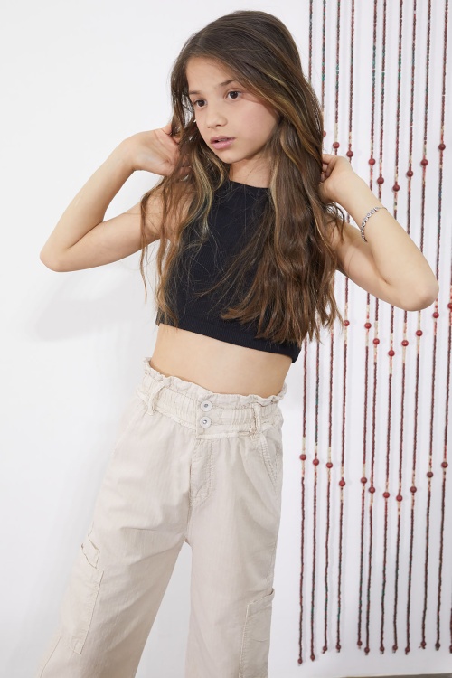 Bej Yan Cepli Geniş Paça Kız Pantolon 18863