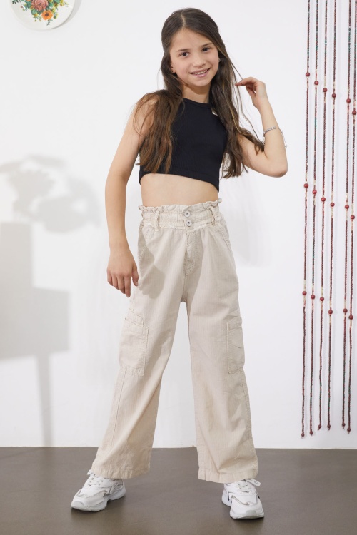Bej Yan Cepli Geniş Paça Kız Pantolon 18863