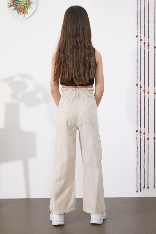 Bej Yan Cepli Geniş Paça Kız Pantolon 18863