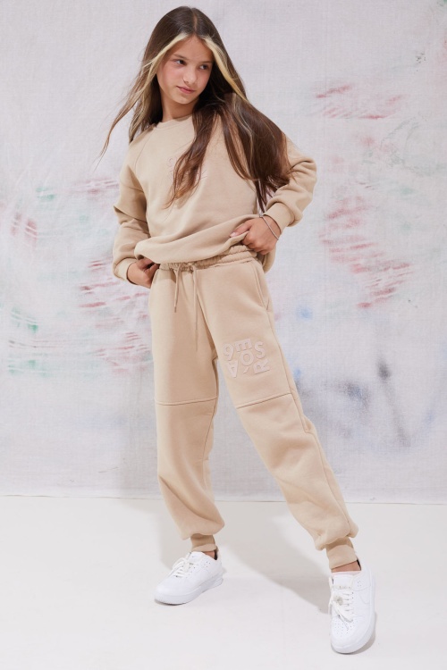 Bej Yazı Baskılı Bisiklet Yaka Kız Çocuk Şardonlu Eşofman Takımı 19343