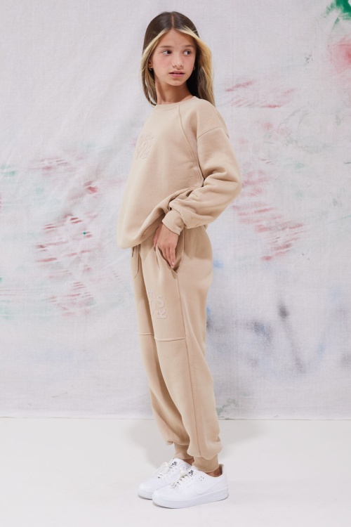 Bej Yazı Baskılı Bisiklet Yaka Kız Çocuk Şardonlu Eşofman Takımı 19343