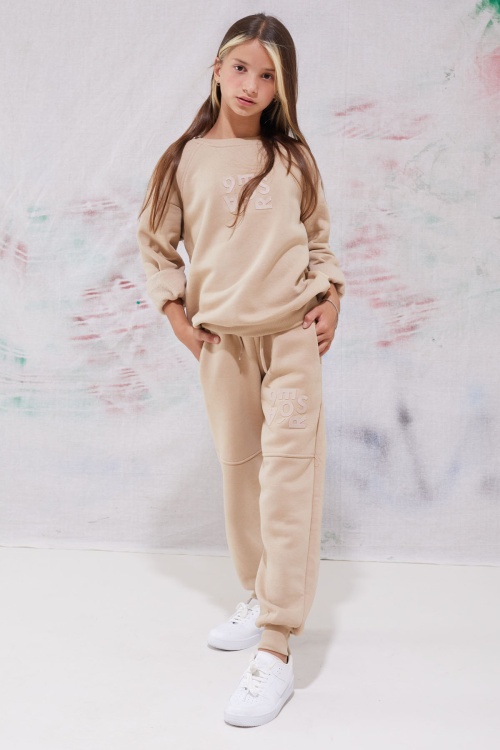 Bej Yazı Baskılı Bisiklet Yaka Kız Çocuk Şardonlu Eşofman Takımı 19343