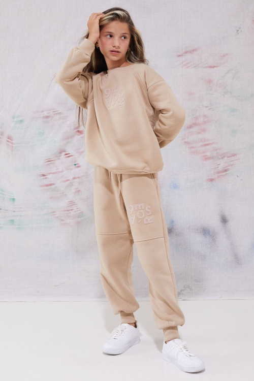 Bej Yazı Baskılı Bisiklet Yaka Kız Çocuk Şardonlu Eşofman Takımı 19343