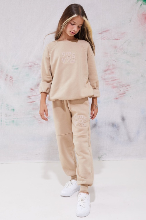 Bej Yazı Baskılı Bisiklet Yaka Kız Çocuk Şardonlu Eşofman Takımı 19343