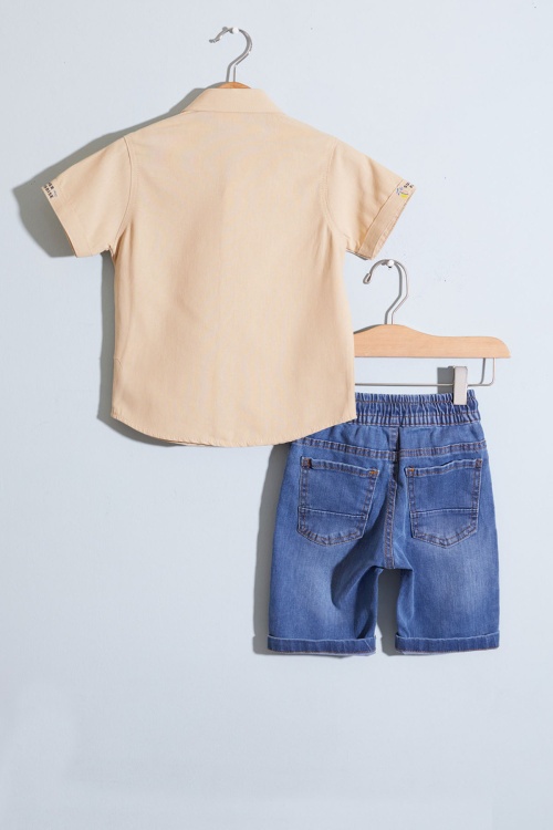 Bej Yazı Baskılı Gömlekli Jean Şortlu Erkek Çocuk Takım 18965