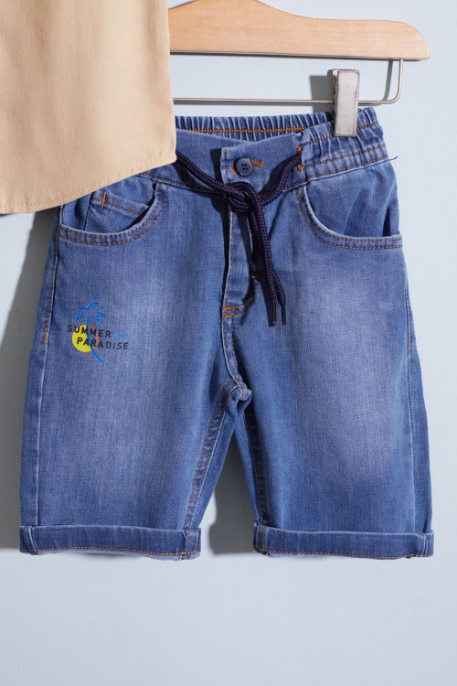 Bej Yazı Baskılı Gömlekli Jean Şortlu Erkek Çocuk Takım 18965