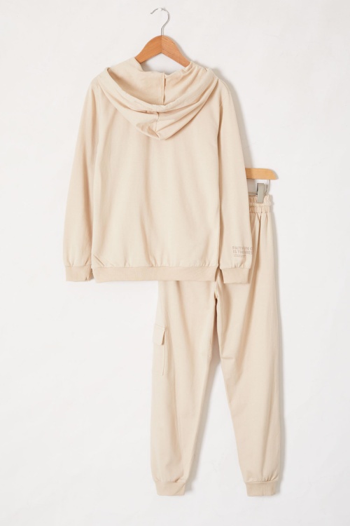 Bej Yazı Baskılı Kapüşonlu Hırkalı Erkek Çocuk Eşofman Takımı 18560