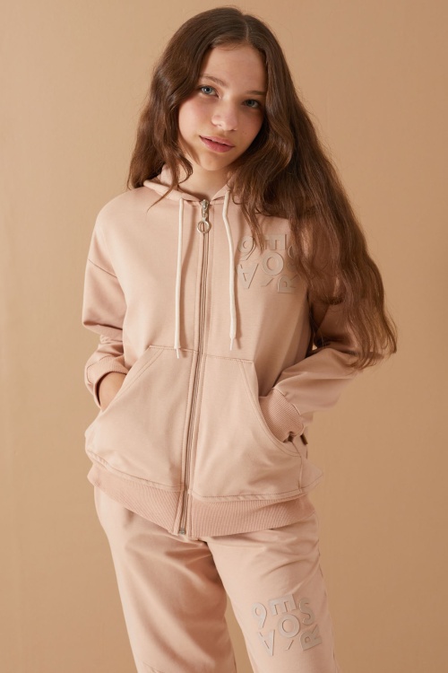 Bej Yazı Baskılı Kapüşonlu Hırkalı Kız Eşofman Takımı 19222