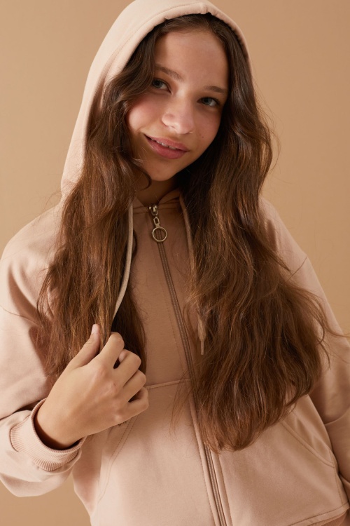 Bej Yazı Baskılı Kapüşonlu Hırkalı Kız Eşofman Takımı 19222