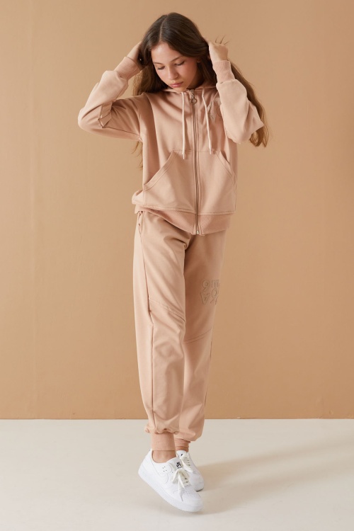 Bej Yazı Baskılı Kapüşonlu Hırkalı Kız Eşofman Takımı 19222