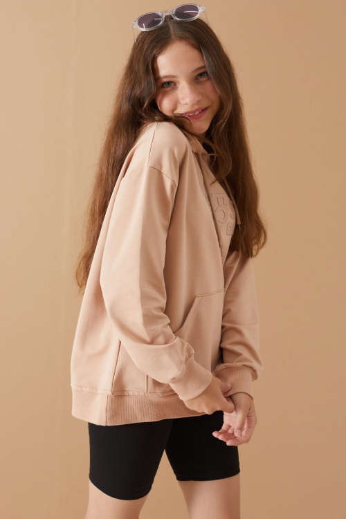 Bej Yazı Kabartma Baskılı Kapüşonlu Kız Çocuk Sweatshirt 19308