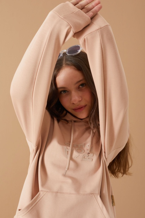Bej Yazı Kabartma Baskılı Kapüşonlu Kız Çocuk Sweatshirt 19308