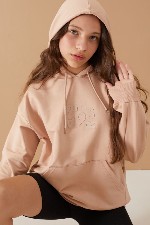 Bej Yazı Kabartma Baskılı Kapüşonlu Kız Çocuk Sweatshirt 19308